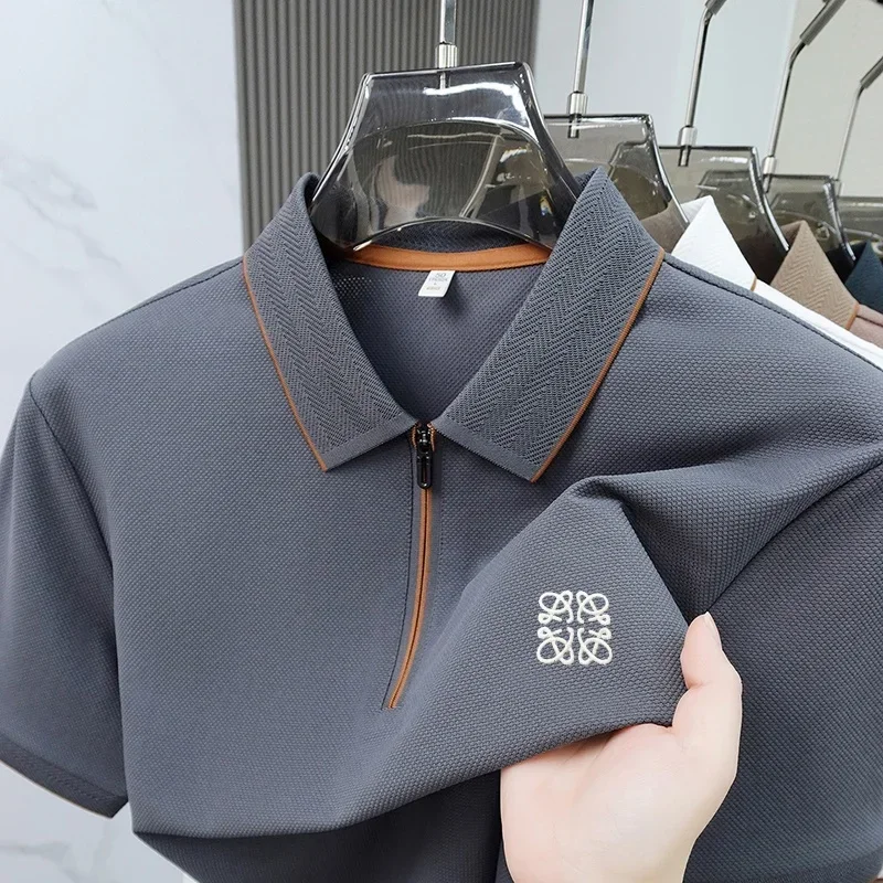 New Zipper Lapel Polo High-end Embroide Logo Ice Silk Cotton Busine Casual Short Sleeve Ventilate Commut Plus Size Men Cloth