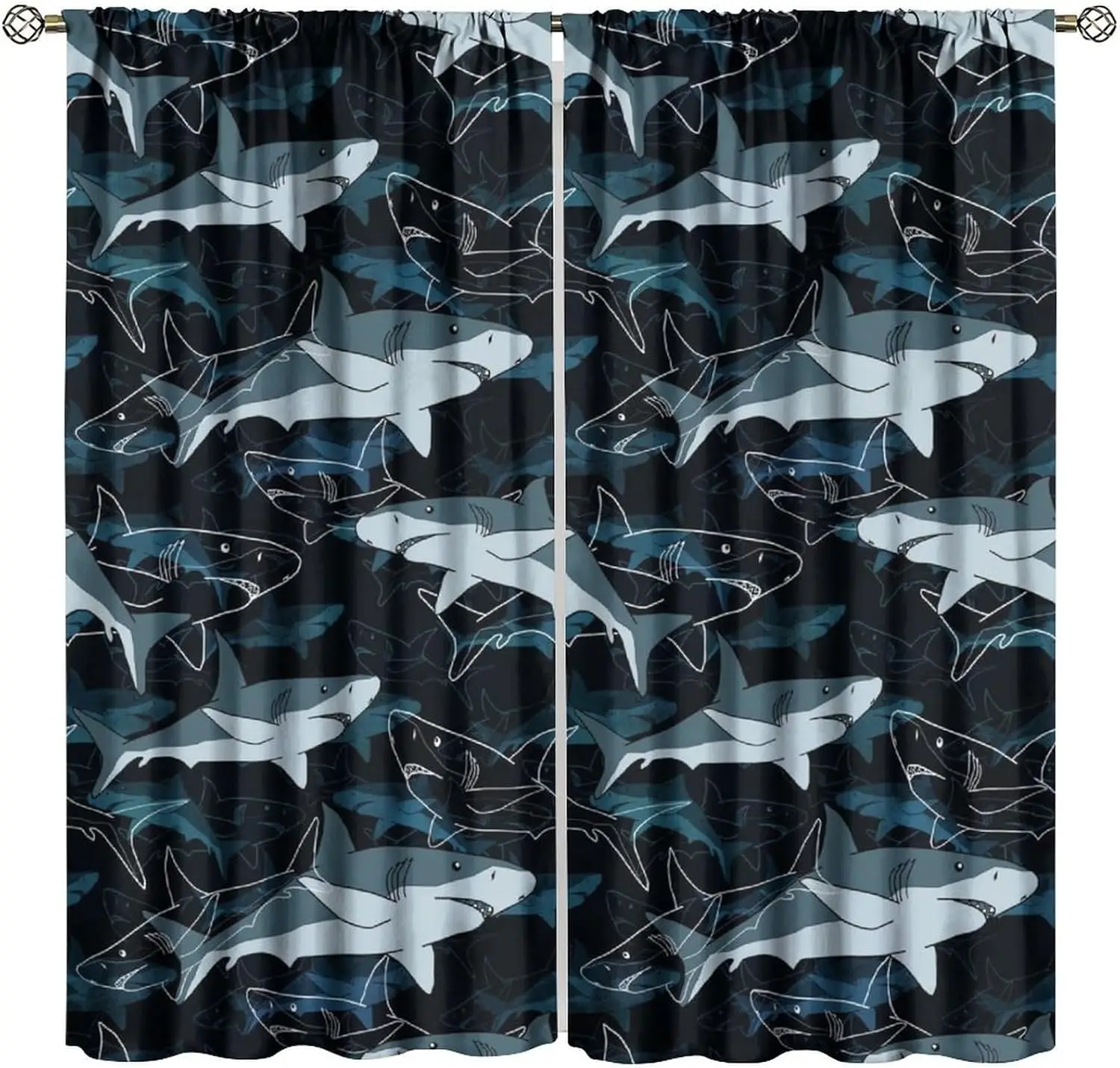 Shark Kids Curtain, Ocean Animal Blackout Curtains, Sea Fish Pattern Window Treatments Drapes for Nursery Kid Boys Room Children