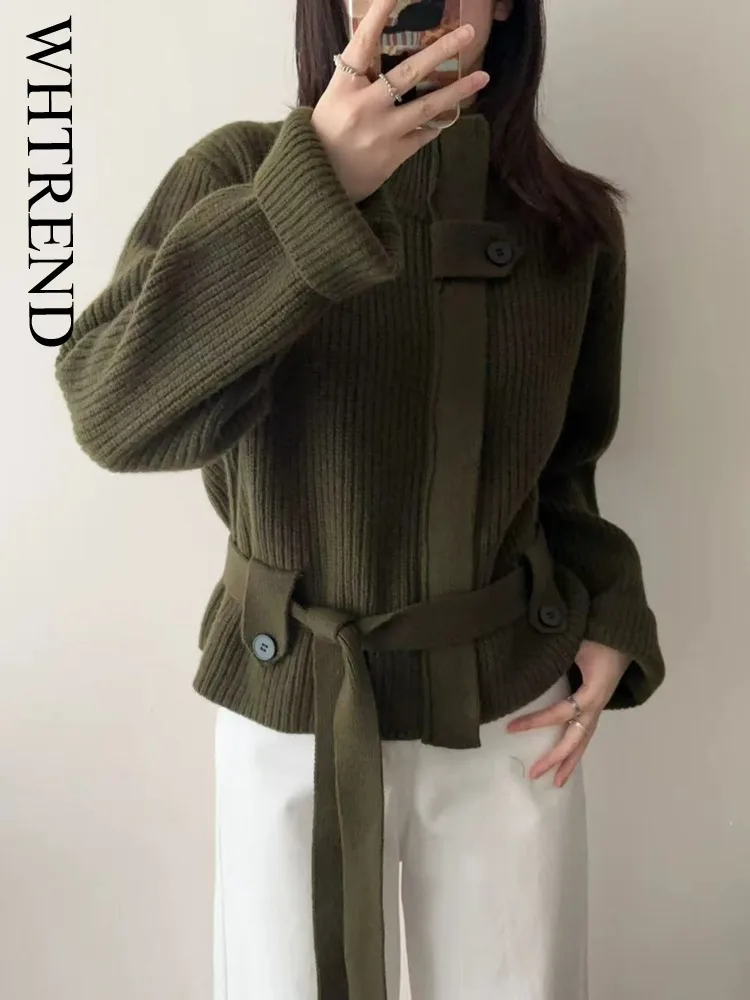 

WHTREND Autumn Winter New Korean Style Stand Collar Tie Waist Slimming Knitted Cardigan For Women Elegant Knitting Sweater