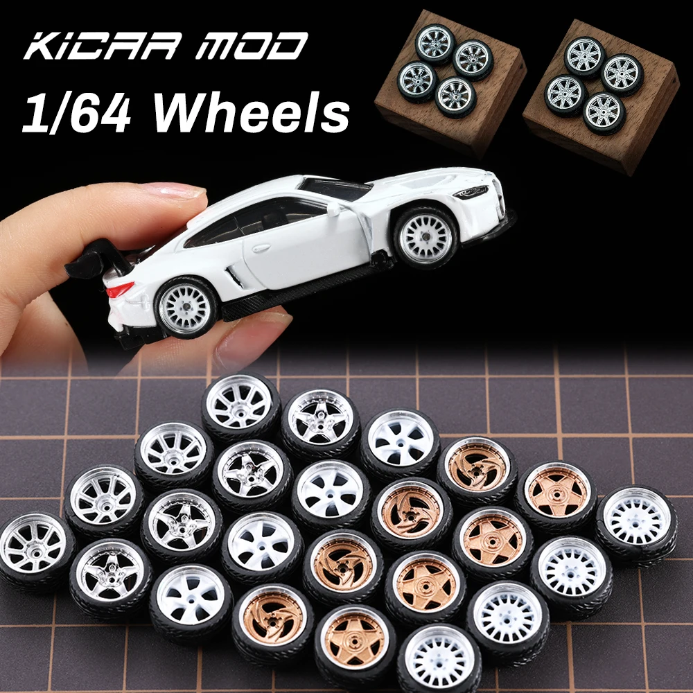 1/64 Model Car Wheels 4 Sets-11mm Diameter ABS Rubber Tires with Brake Disc-Upgrade Parts for Tomica Diecast Vehicles
