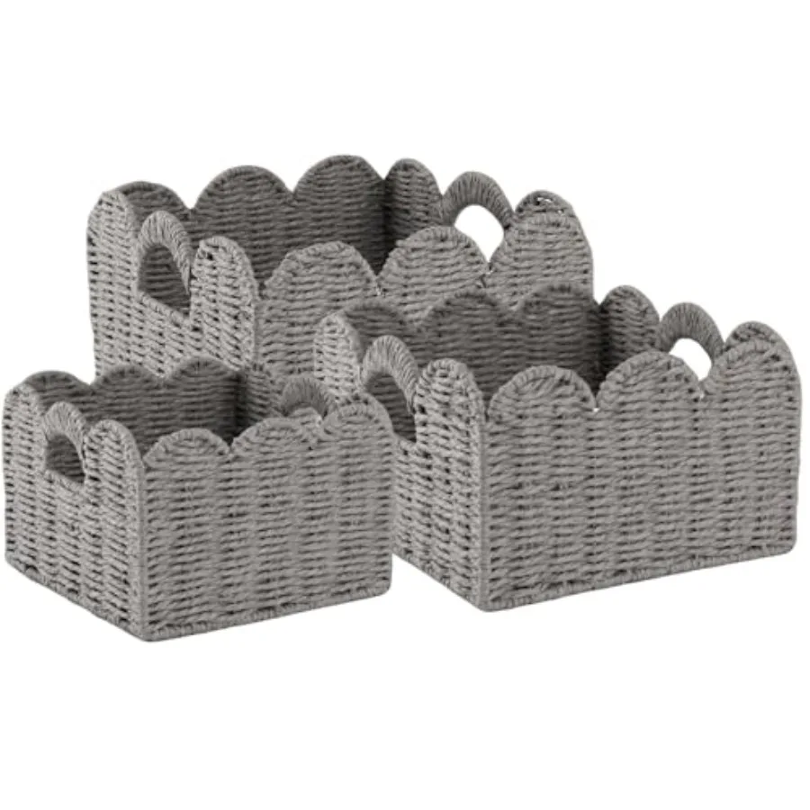 

Scalloped Wicker Baskets, Hand-woven Storage Baskets with Built-in Handles, Paper Rope Shelf Baskets for Organizing and Decorat