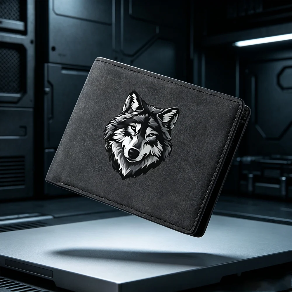 Cold gray wolf-head printed double-fold multi-pocket cash pocket short-style men's fashionable animal-pattern coin purse