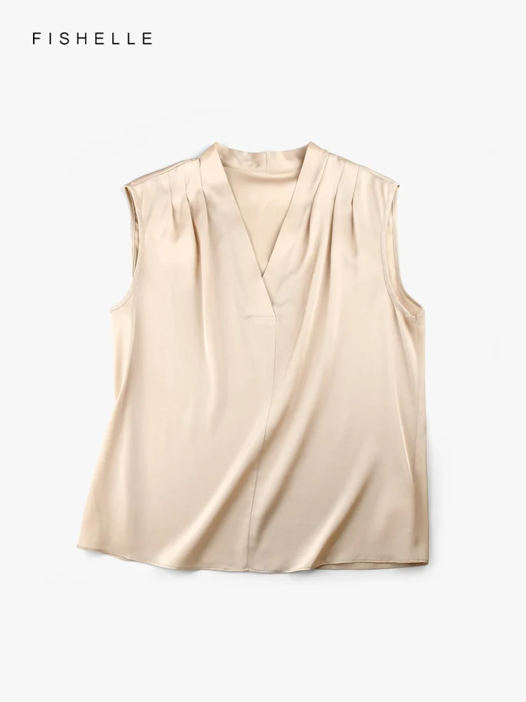 Solid Skin Tone Natural Silk Tank Top Women\'s V-Neck Loose Sleeveless Bottom Shirt Simple Commuter Outer Wear Real Silk Top