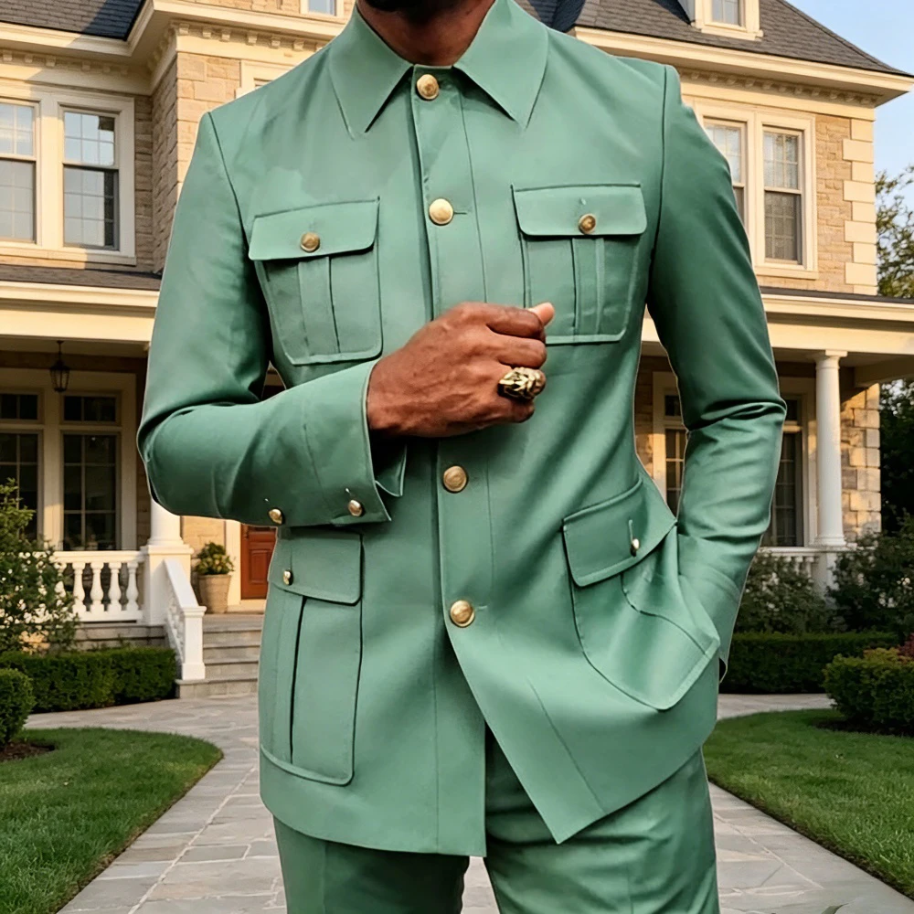 

Single Breasted Safari Men Suits 2 Pieces Slim Fit Jacket Pants Set for Outdoor Wedding Guest Prom Formal Party Tuxedo 2026
