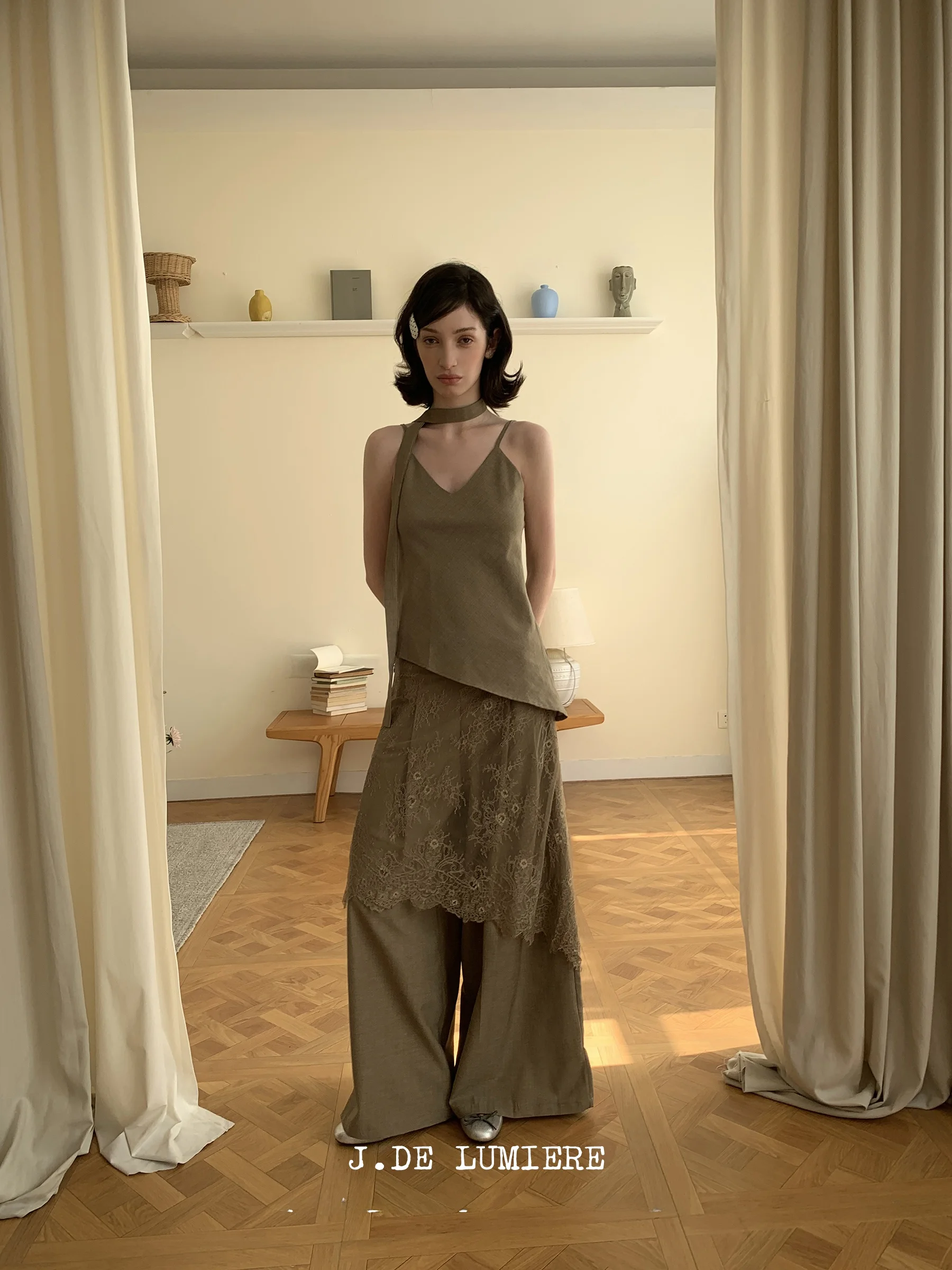 

JDE Asymmetric Lace Crop Top And Wide Leg Pants Set Women's Summer Casual Two-Piece Suit High Waist Long Pants No Sleeve