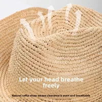 Handmade Raffia Straw Sun Hat for Women Wide Brim Crochet Cowboy Hat with Adjustable Velcro and Memory Wire Summer Beach Hat - Image 5