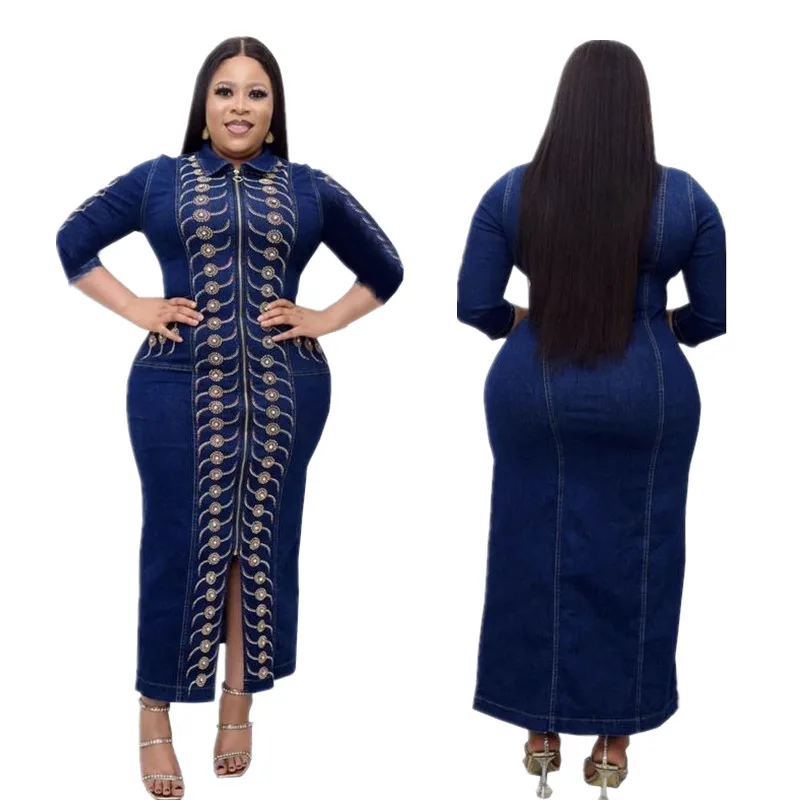 

2024 African Style Women Elastic Denim Maxi Dress Muslim Dubai Turkish Islamic Elegant Flowers Printed Ladies Stone Long Dresses