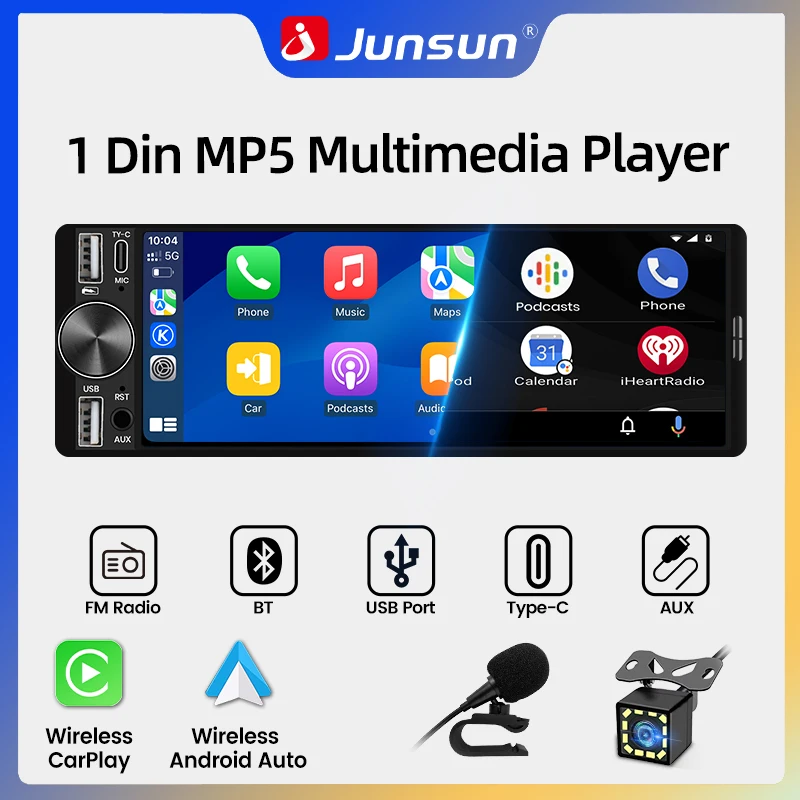 Autoradio universel 1 Din MP5 Junsun, compatible avec CarPlay et Android Auto, avec écran tactile HD IPS de 6,86 pouces, connexion sans fil ou filaire, Bluetooth, GPS, navigation, commande au volant, FM, microphone, entrée AUX, USB, prise de charge Type-C, autoradio.