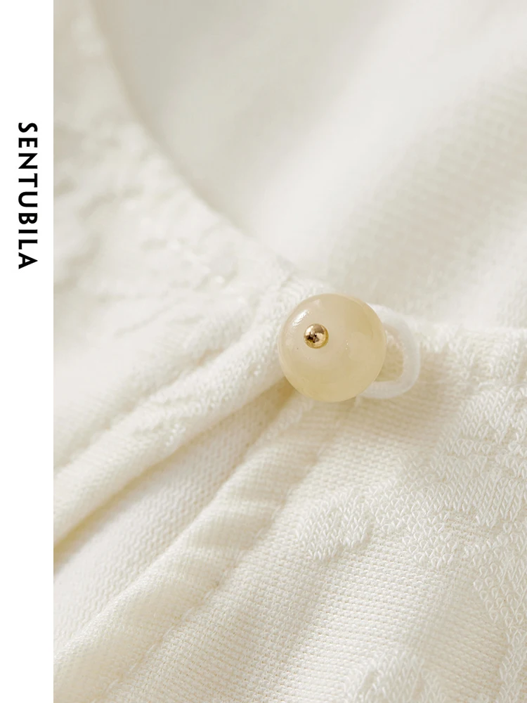 SENTUBILA, camiseta calada para mujer, otoño 2025, estilo chino, Jacquard, cuello redondo, manga larga, elegante jersey adelgazante 143S54541