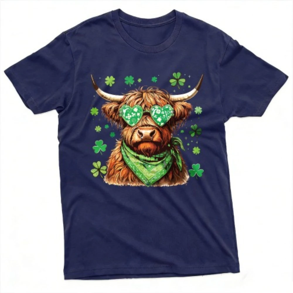 St Patrick's Day Highland Cow with Shamrock Sunglasses Printed T-Shirt Casual Funny Design Men Festival Costumes St Patricks Tee
