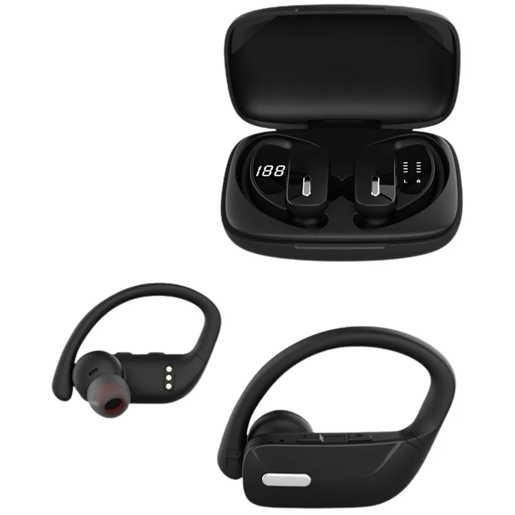 T17/T16 Wireless Stereo Sport Headset Bluetooth Earphones Bass LED Display Ear Hook Hands-free Headphone With Mic Charging Box