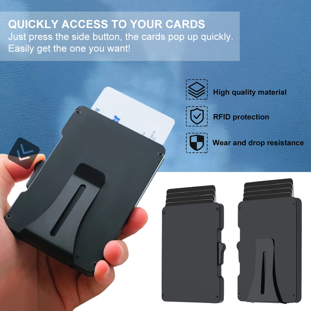 Porte-cartes de crédit Pop-Up pour hommes, portefeuille mince en métal avec bouton coulissant d'éjection de carte, portefeuille minimaliste bloquant RFID pour hommes