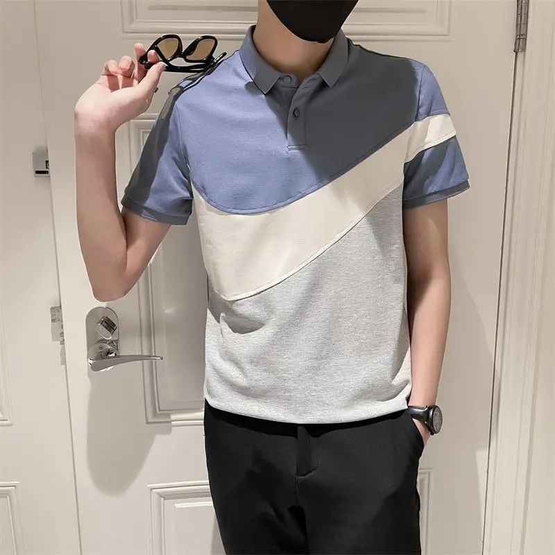 Color Blocking Golf Shirt  CROP TOP POLO Shirt Male Summer Korea Half Sleeve New Lapel Collar Self Cultivation Short Sleeved