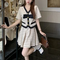 Korean Fashion Summer New Dress Sets Women V-neck Bow Single Breasted Irregular Short Sleeve Tops Elegant Pleated Skirt Suit