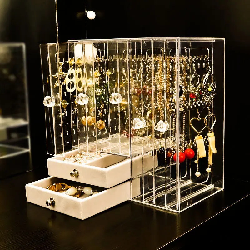 Plastic Jewelry Box Storage for Women Velvet Drawer Jewelry Organizer Boxes Necklace Bracelet Earrings Transparent Display Stand