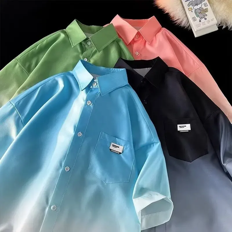 남성용 아이스 실크 셔츠, 반팔, 한국 스타일, 포켓 싱글 브레스트 상의, 얇은 통기성, 하라주쿠 아우터, 2024 여름