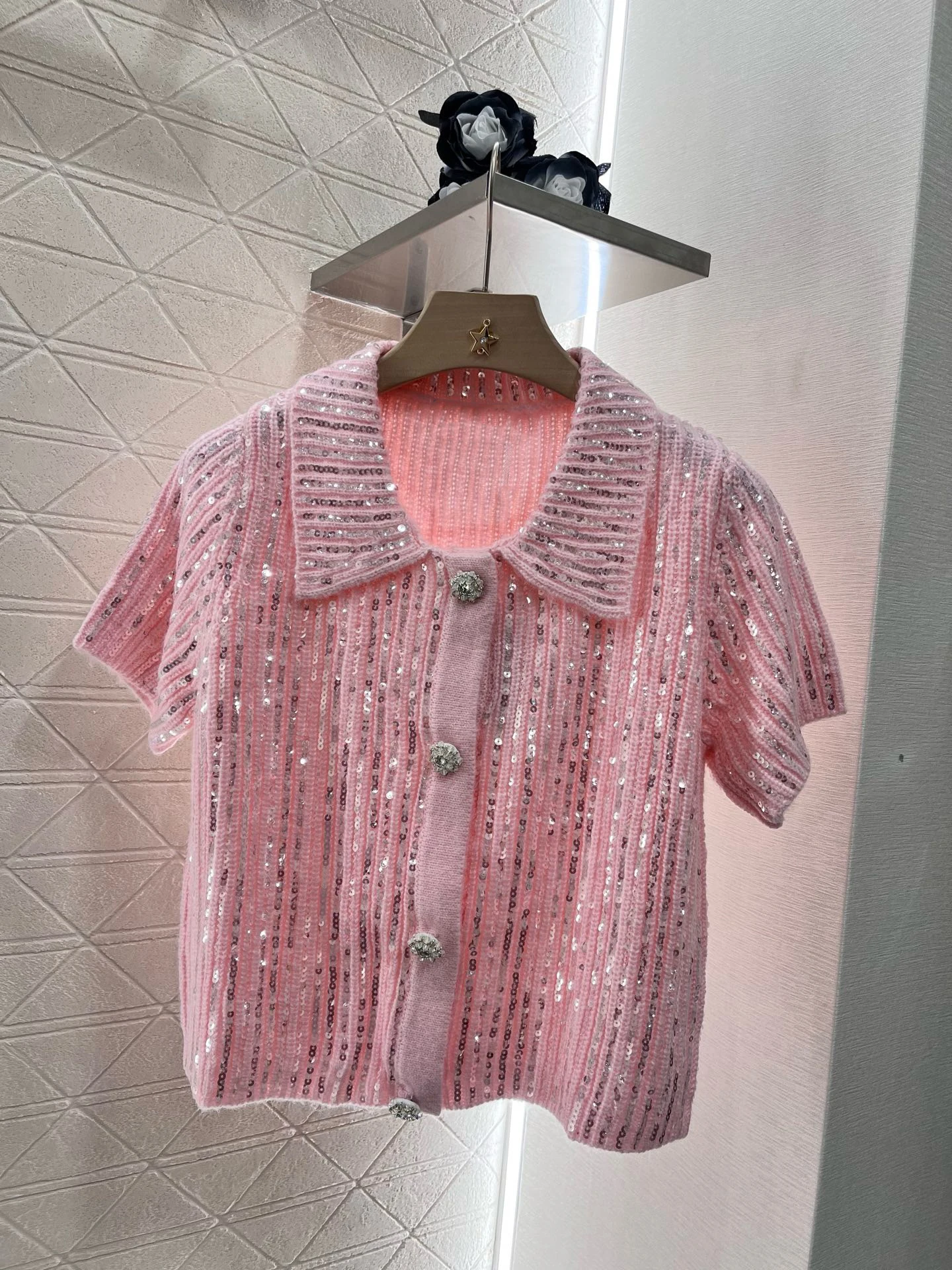 EVACANDIS Single Breasted Sequins Turn-down Collar Knitted Cardigan Women Mohair Short Sleeve Tops Elegant Sweet Chic Sweater