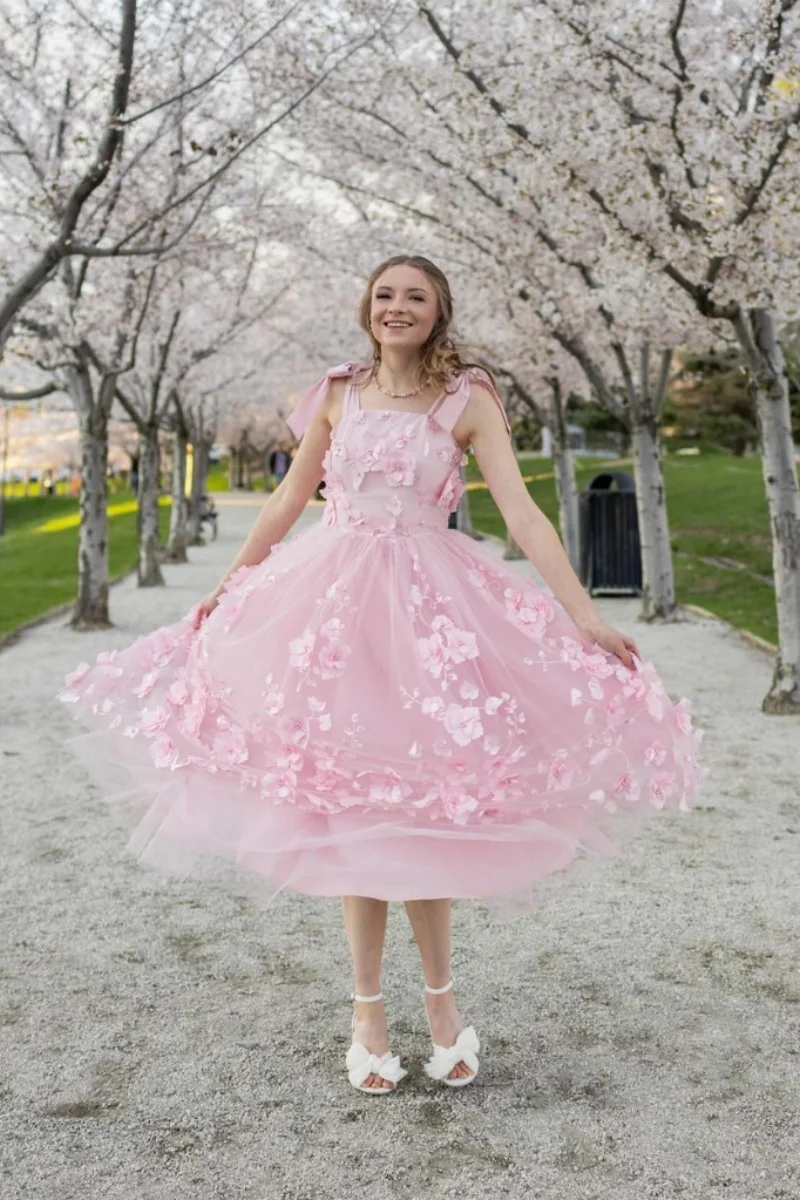 Jessica Pink Fairy Wedding Dress Sweet 3D Flowers Prom Dresses Tulle Ankle-length Coming Of Age CeremonyBespoke Occasion Dresses