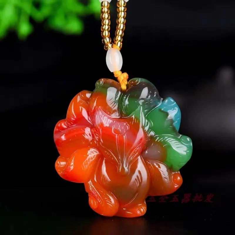 

Colored jade Nine Tailed Fox Pendant Amulet Natural Necklace Carved Jewelry Gemstone Charm Jadeite Fashion Gifts Women Chinese