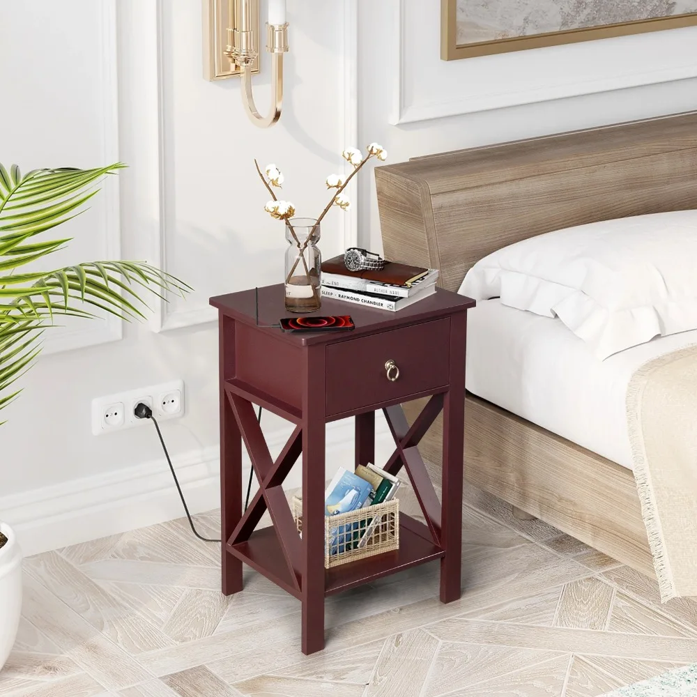 Side Intersection Style Bedside Table Coffee Table with Two-layer Drawer Brown, Nightstands