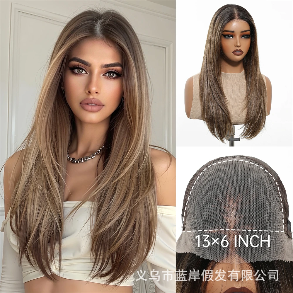 13 * 6 large lace wig, medium black brown long straight hair, fashionable full head hairstyle, white gold women's style