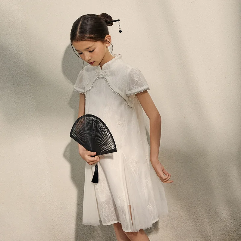 5Y+Children's dress for girls 2024 summer new Chinese style pearl disc buckle children's cheongsam dress 120-170cm