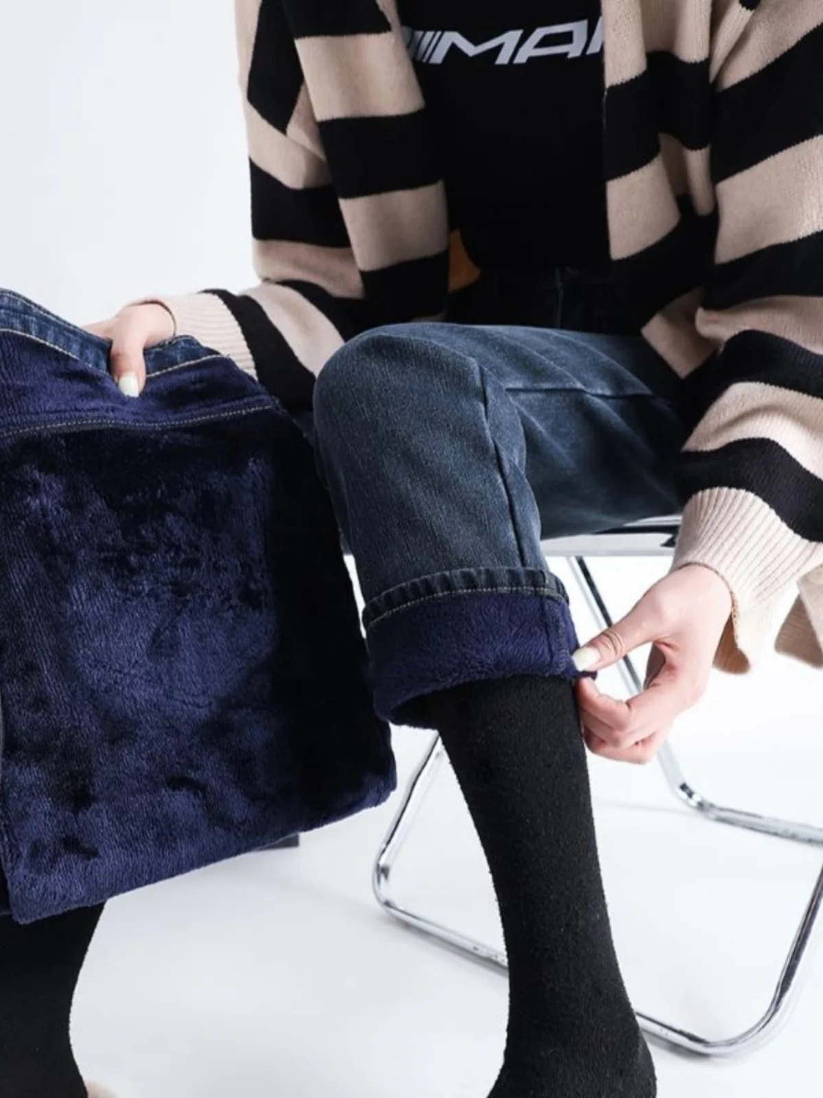 Bla Fce gevoerde Thi denim jeans dames hoge taille rechte pijpen slim fit negen punten broek herfst winter nieuwe Sle