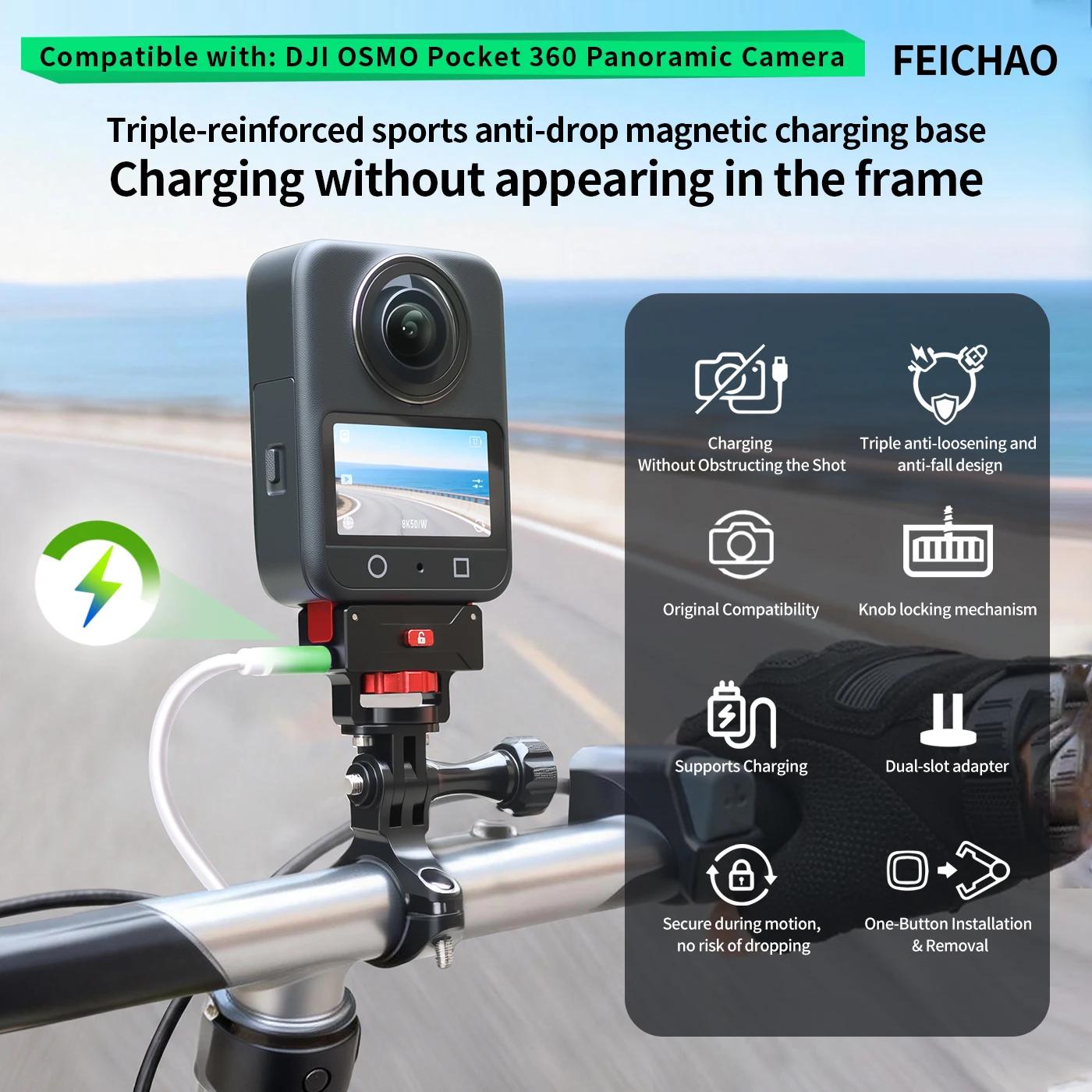 Schnellverschluss-Magnethalterung für DJI Osmo 360 Action-Kamera, Ladestation mit USB-C-Anschluss, 1/4 Zoll Stativ, Selfie-Stick, Motorradhalterung – Detail 6