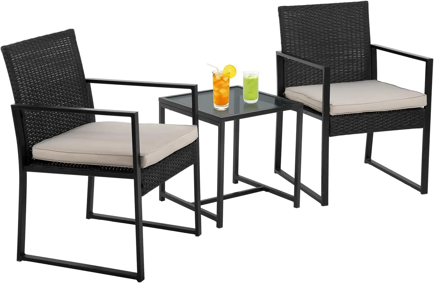 3-Piece Rattan Wicker Bistro Set Outdoor Conversation Set Sturdy Frame Wicker Furniture with 2 Chairs Cushions Tempered Glass