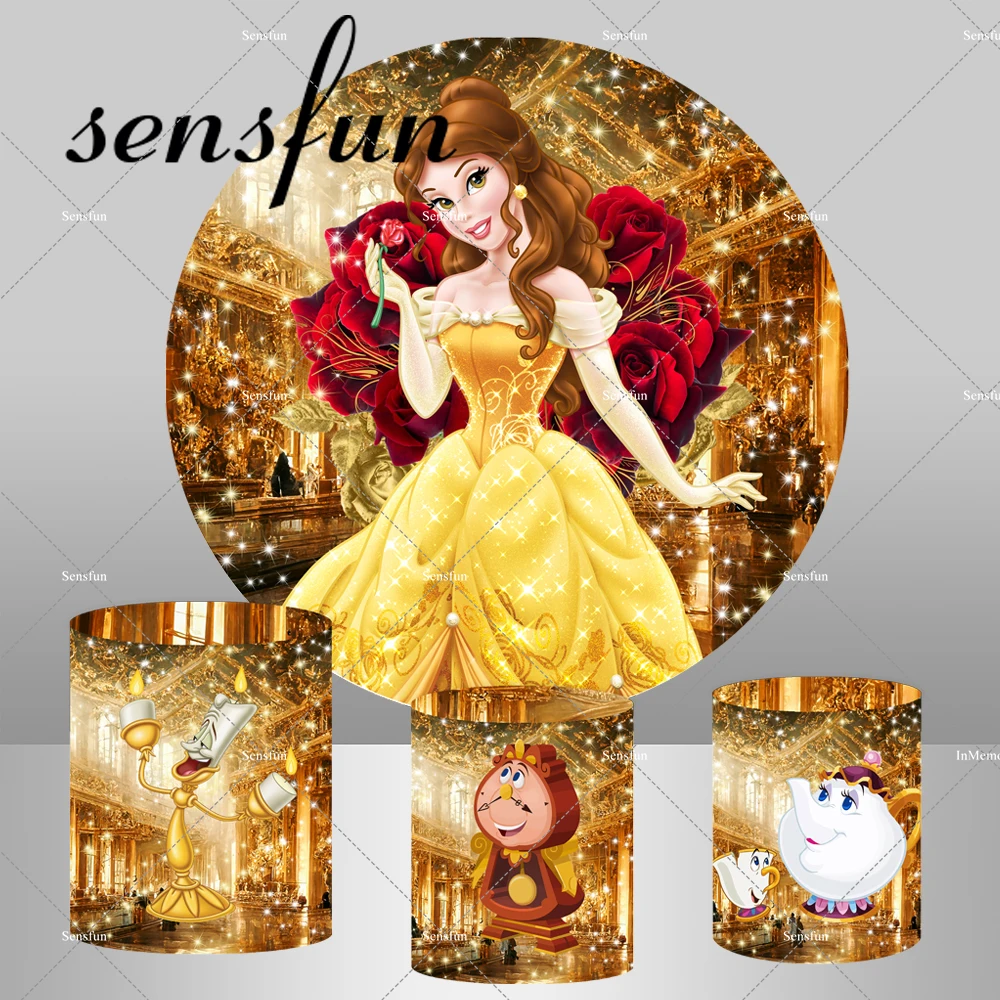 Golden Hall Beauty and The Beast Rose Yellow Princess Belle Round Backdrop Girls Baby Shower Birthday Party Background Elastic