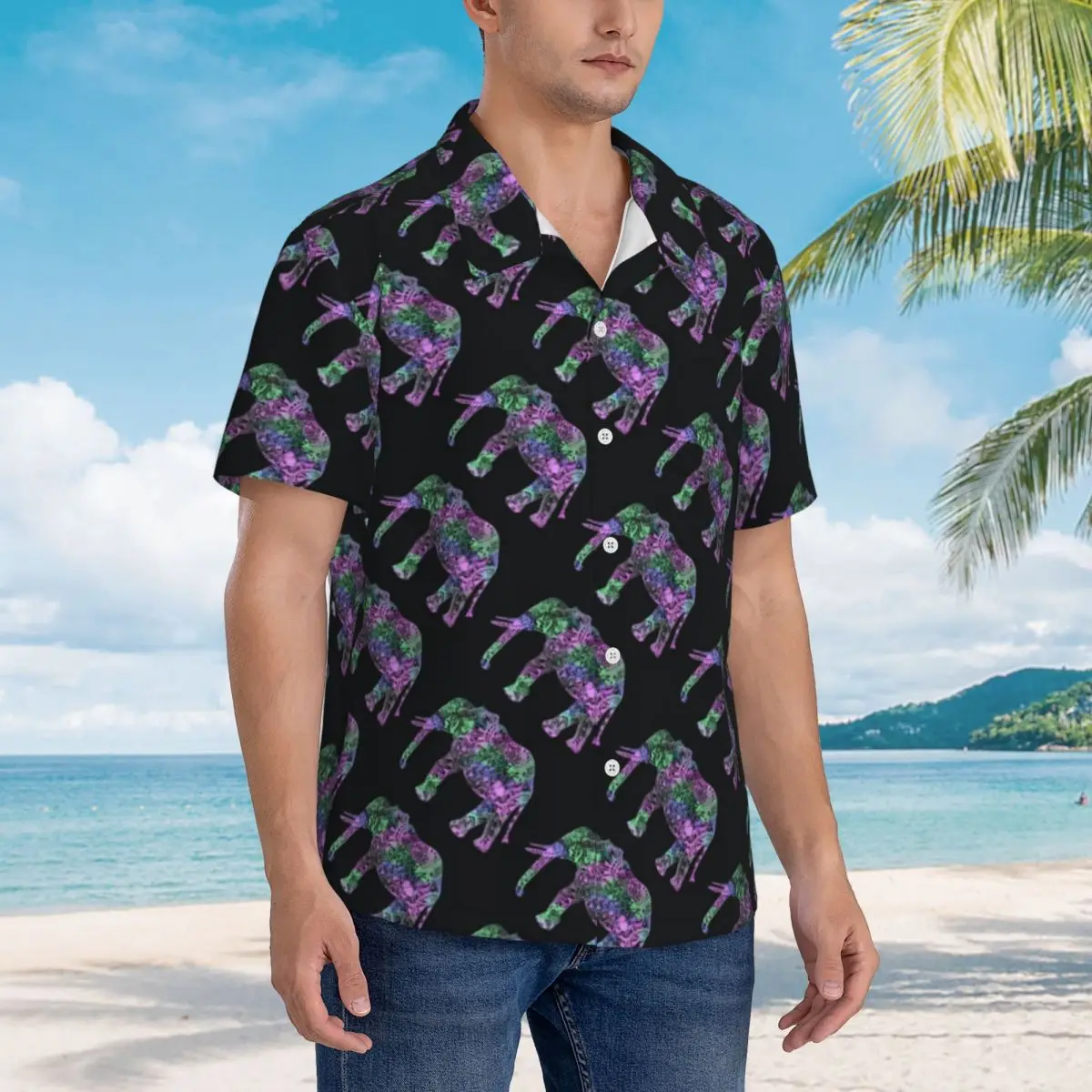 Neon Elephant Vacation Shirt Male Colorful Tribal Print Casual Shirts Hawaiian Short Sleeve Design Novelty Oversize Blouses Gift