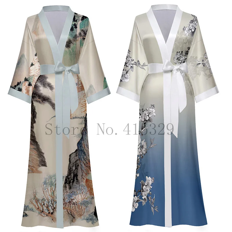 Chinese Style Print Flower Nightgown Robe V-Neck Sleepwear Women Satin Long Bathrobe Gown Female Elegant Nightdress Kimono