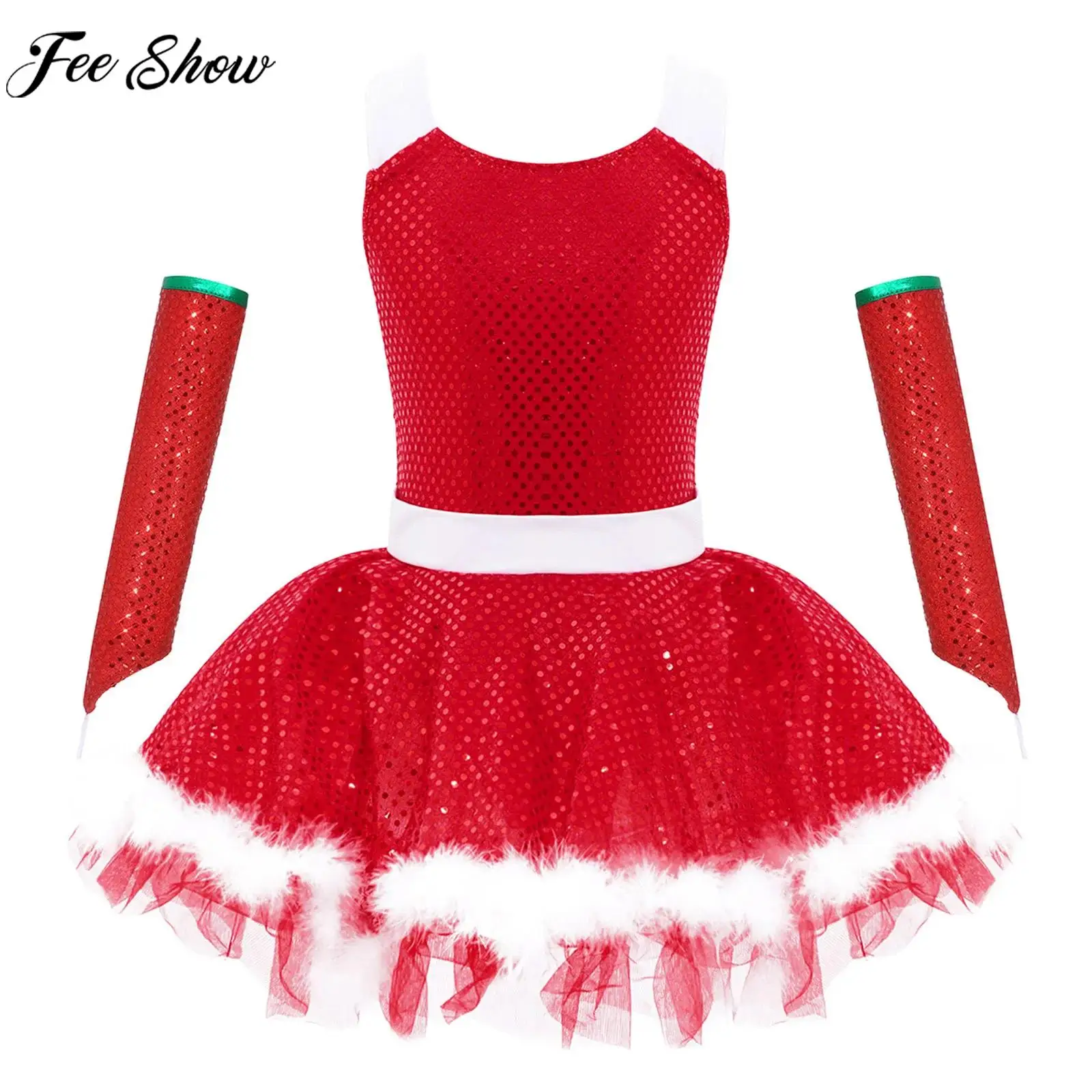 Kids Girls Christmas New Year Party Dress Ballet Dance Skating Gymnastics Santa Costume Latin Shiny Sequin Mesh Leotard Tutu