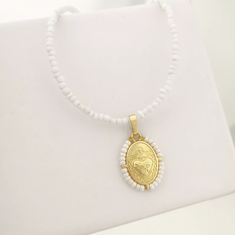 Jungfrau Maria Anhänger Charm Halskette Damen Imitationsperlen Kreuz Heiliges Herz Jesus Choker Saatperlen Goldfarben Schmuck Mutter – Detail 2