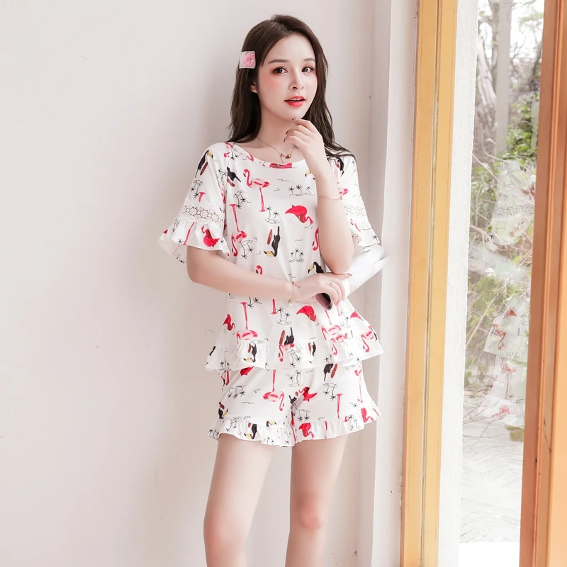 

Повседневный пижамный комплект с принтом фламинго для женщин, топ с короткими рукавами и шорты с круглым вырезом, модная одежда для сна, ночная рубашка, которую можно носить на улице