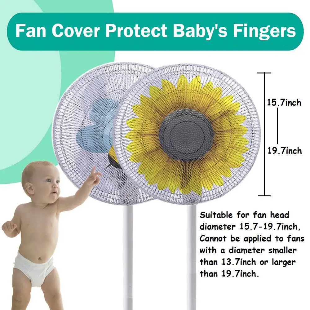 2pcs Cartoon fan protection net, children's anti pinch hand fan cover, sunflower bee pattern floor fan dust protection cover
