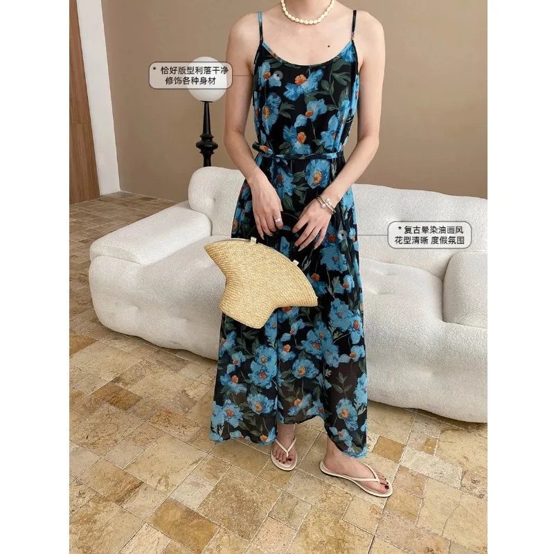 Peinture à l'huile française florale à lacets taille cintrée minceur tempérament robe Camisole