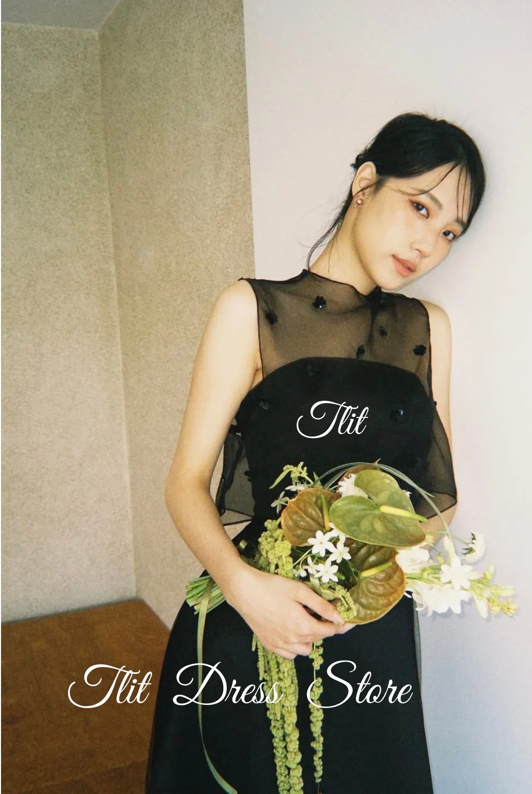 TLIT – robe de soirée élégante en Satin Organza noir, robe de mariée coréenne, séance Photo, col rond, sans manches, robes de bal personnalisées