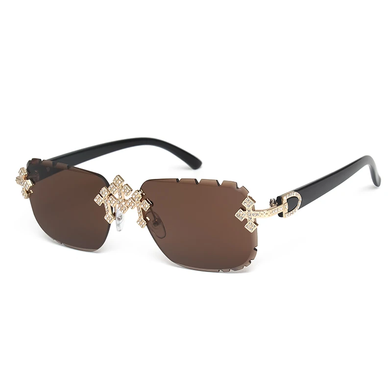 2025 mode carré sans monture lunettes de soleil pour femmes croix diamant métal cadre lunettes de luxe coupe lentille UV400 nuances lunettes de soleil