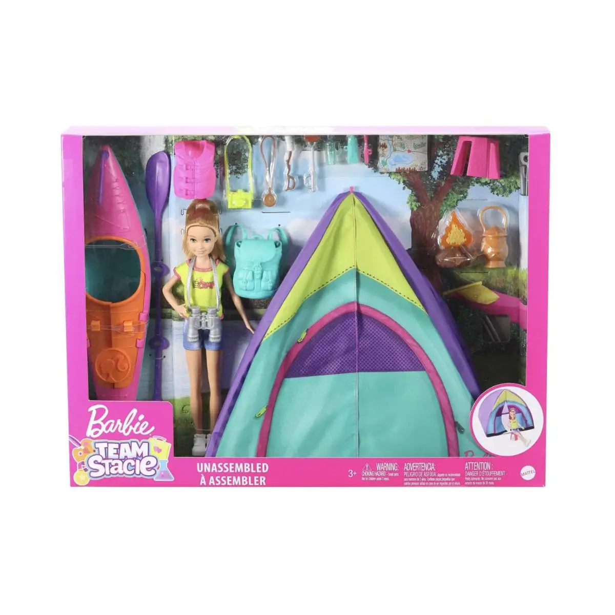 Barbie Equipo Stacie Muñeca con Accesorios de Acampada, Tienda de campaña y Kayak de Juguete - Aventuras al aire libre con Mattel GJB58