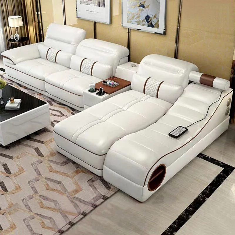 Leather Sofa Top Grade Genuine Leather Massage Sofas Trendy Sectional Couch Bed with Speaker Bluetooth USB