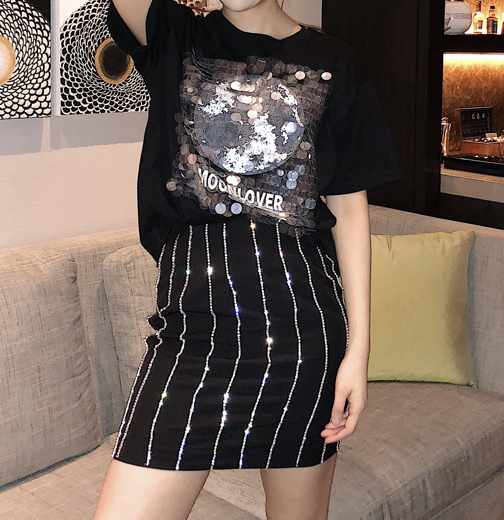 

Amor Sparkling Diamond Bla Bodycon Skirt Women's Faion Spring Summer Chiffon Material Bright Diamond f-length Skirt