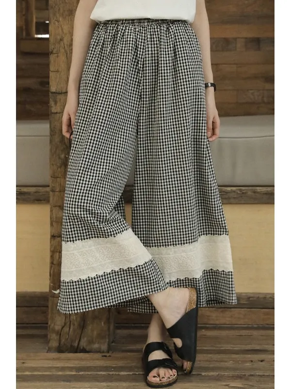 

Корейские женские летние новые прямые повседневные брюки с широкими штанинами, кружевными вставками и клетчатым узором, с высокой талией, свободного кроя