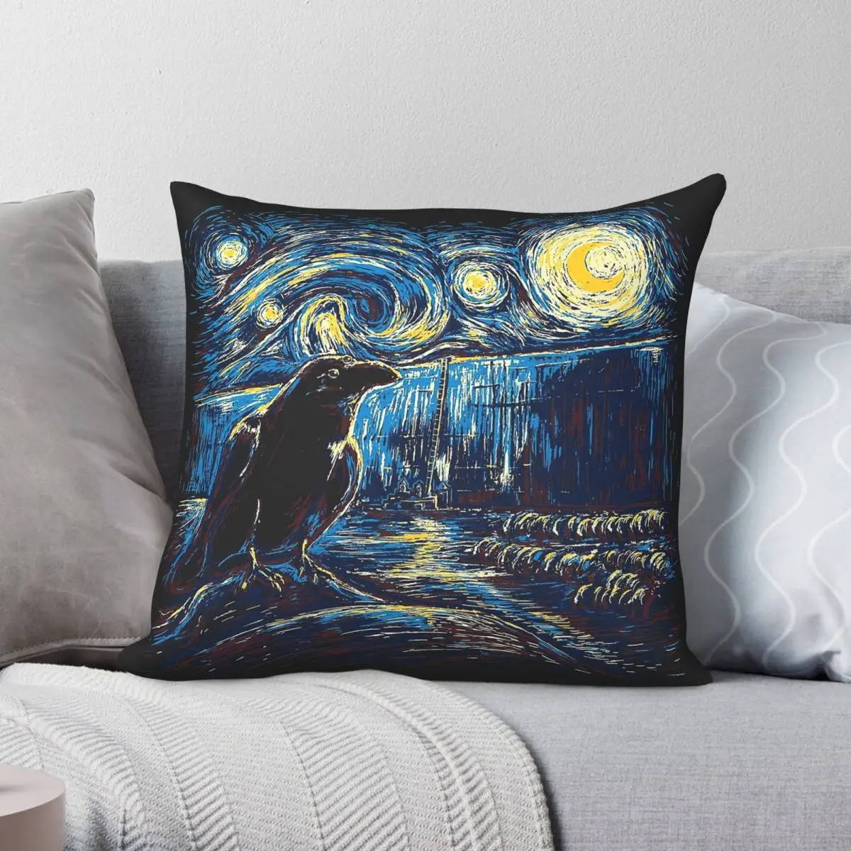 Starry Night Watch Crow Square Pillowcase Polyester Linen Velvet Printed Zip Decor Home Cushion Cover