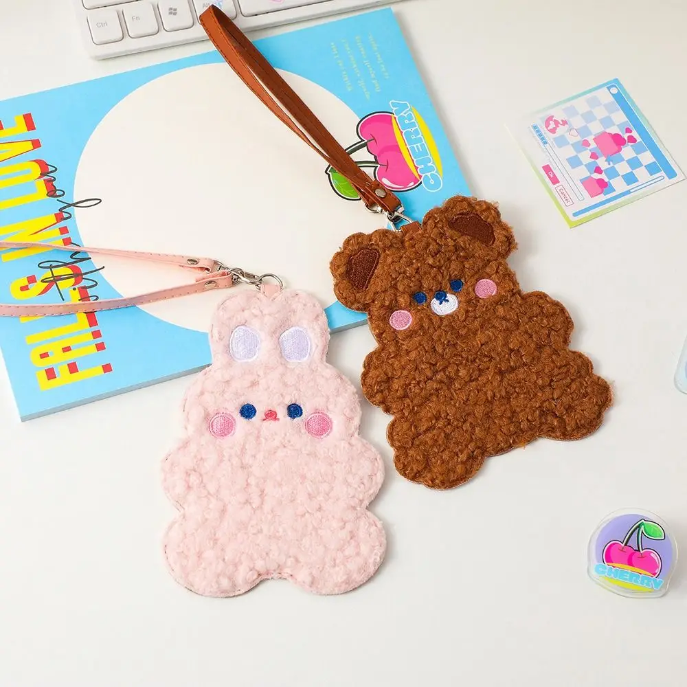 Portatarjetas portátil Kawaii con cordón, conejo, oso, tarjeta de peluche, Control de acceso, tarjeteros de dibujos animados, funda de almacenamiento de tarjetas, estuche para tarjetas coreanas