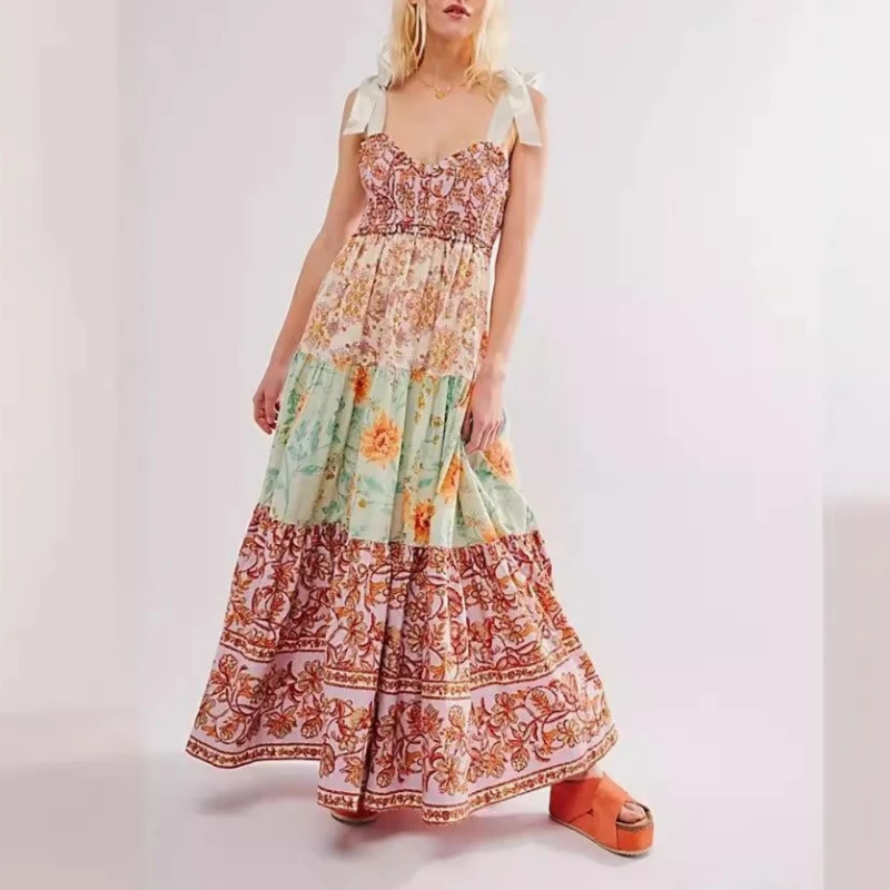

Женское винтажное платье Y2K с открытой спиной, цветочным принтом, на завязках на плечах, без рукавов, с V-образным вырезом, летнее макси-платье А-силуэта в стиле пэчворк