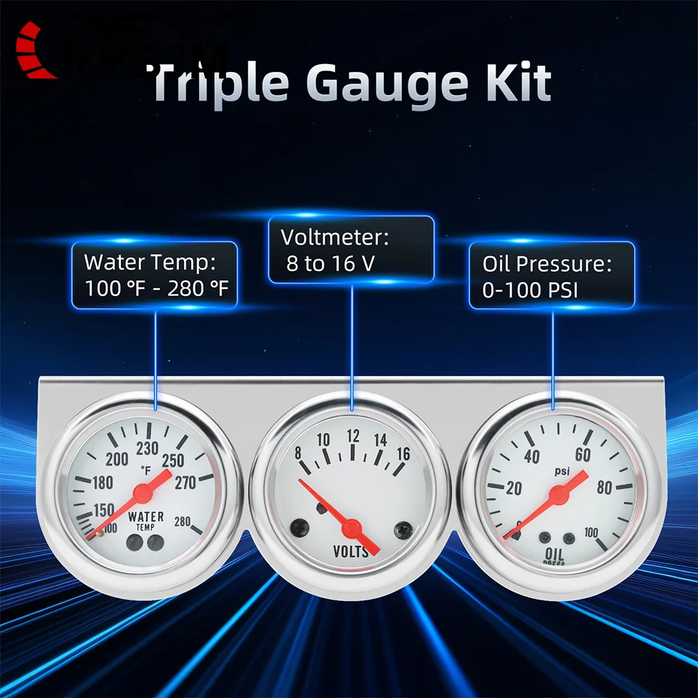 

Customized 3IN1 Car Oil Pressure Gauge PSI Water Temperature Gauge Chrome 52mm Voltmeter Voltage Meter Triple Gauge+Bracket Kit