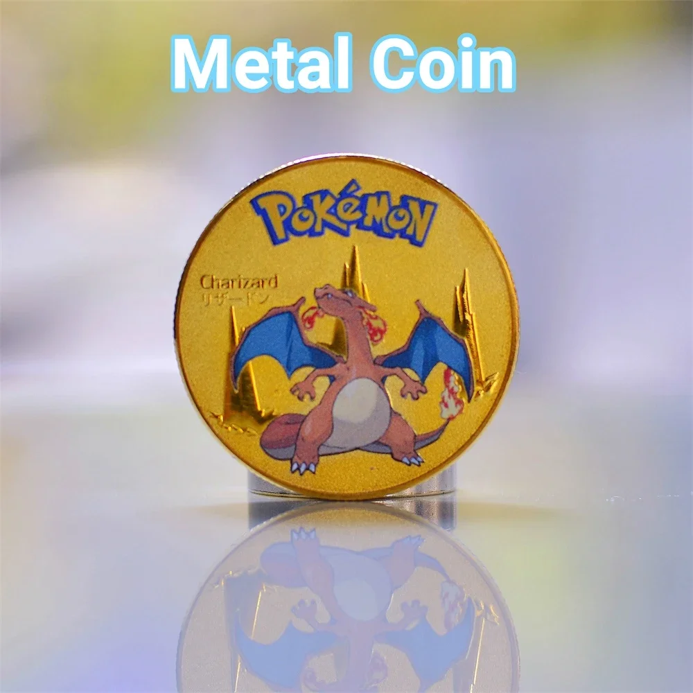 Pokemon Coine Metal Pokémon Coins Pikachu Vmax Anime Commemorative Coins Charizard Mewtwo Golden Round Iron Hard Cards Game Toys