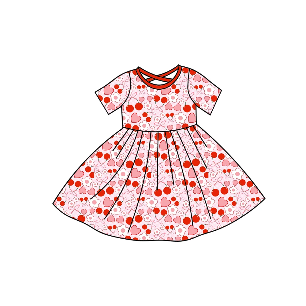 Wholesale New Baby Clothing Skill Stock Children's Suit Short Sleeve Dress Girls Valentine's Day Love Flower Print Girls Suit