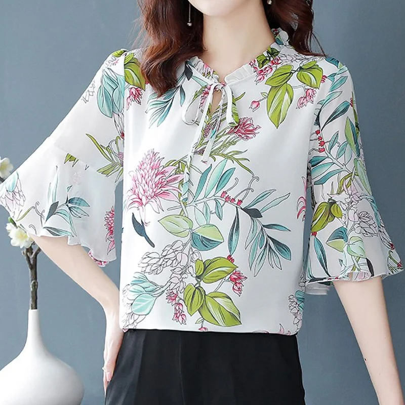 

Vintage Chiffon Thin Blouse Summer New Short Sleeve Printing Lacing All-match Plus Size Shirt Tops Elegant Fashion Women Clothes